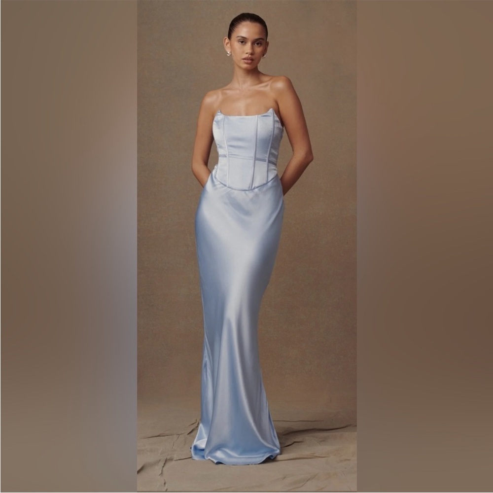 Meshki Strapless Light Blue Satin Dress